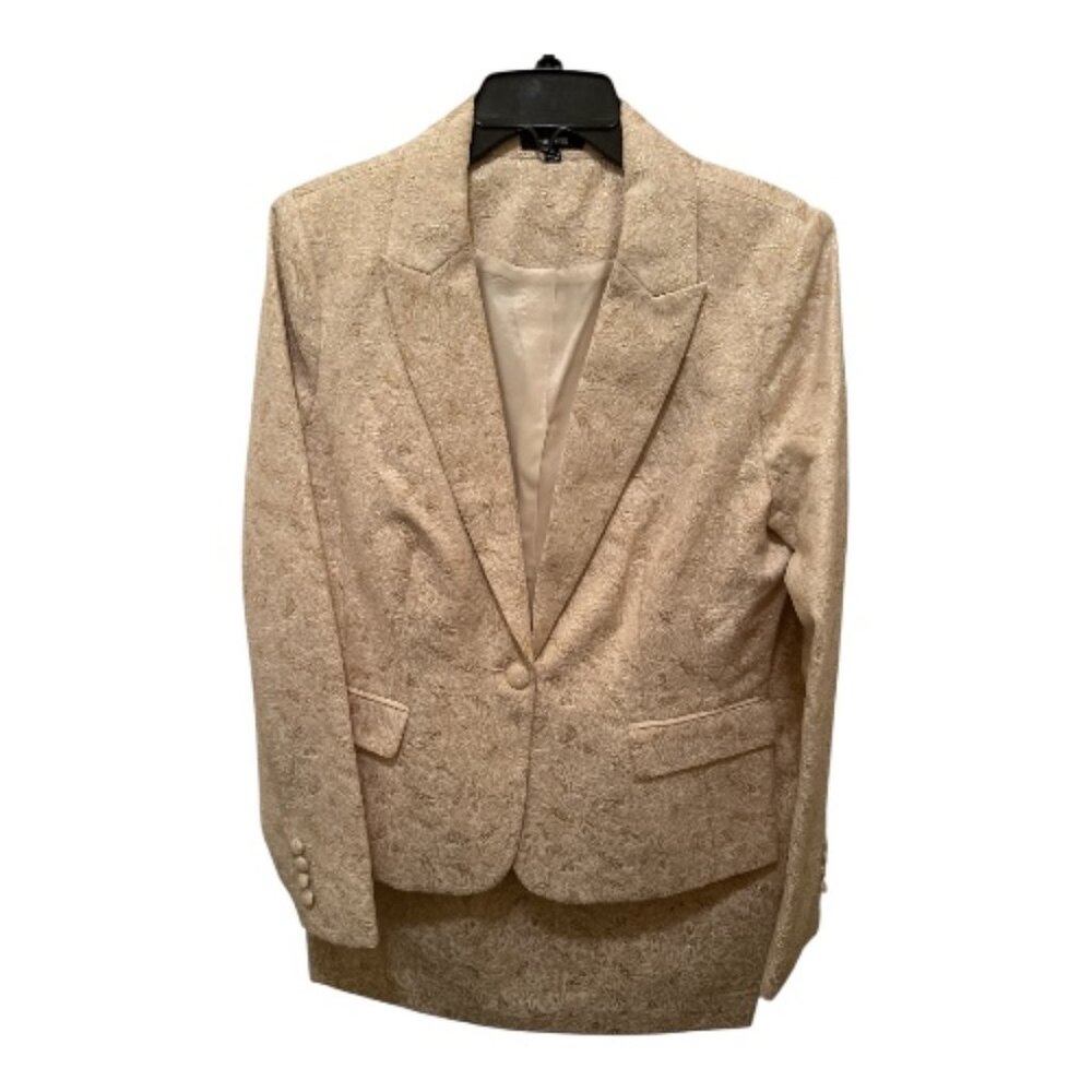 Beige & Gold Textured Blazer & Skirt Suit - Size 12